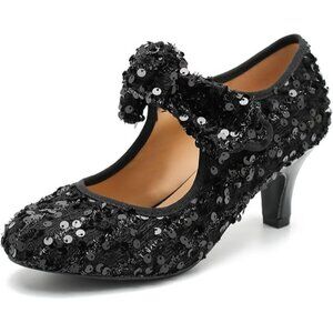 Low Heel Bow Mary Jane Sequin Pumps Vintage Dance Wedding Dress Shoes 6.5